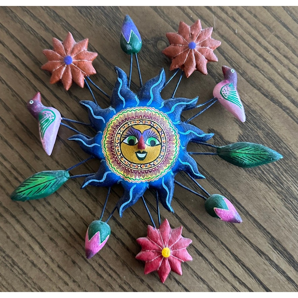 Montesinos Mexican Folk Art Sun Face Wall Hanging Clay Pottery Birds Flowers 6"